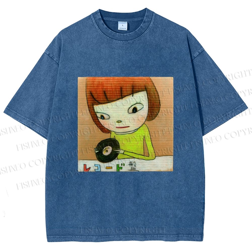 Unisex Yoshitomo Nara Holding Vinyl Record Printed Washed Tee