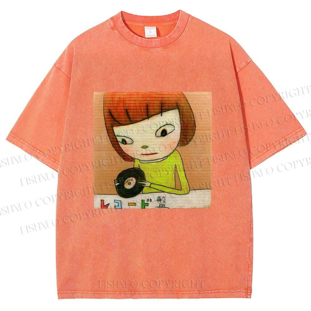 Unisex Yoshitomo Nara Holding Vinyl Record Printed Washed Tee