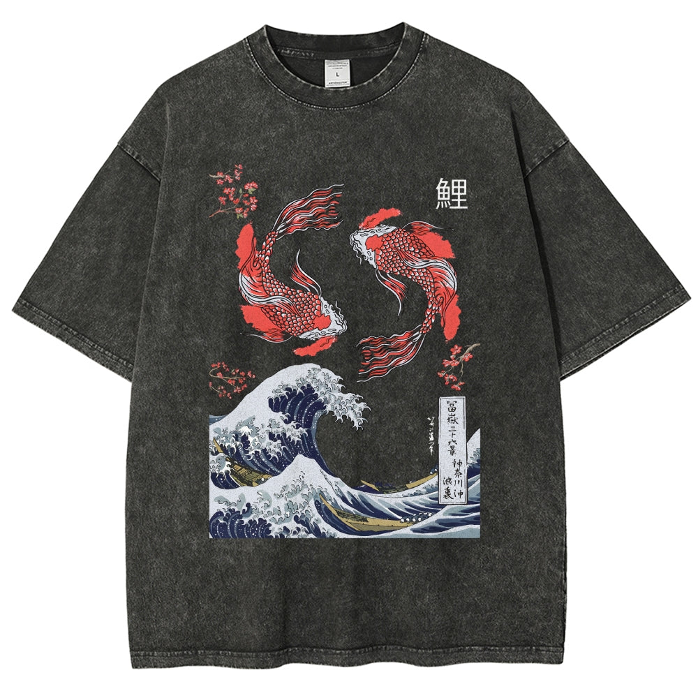 Yin Yang The Great Wave Off Koi Fish Japanese Art Vintage Washed T-shirt