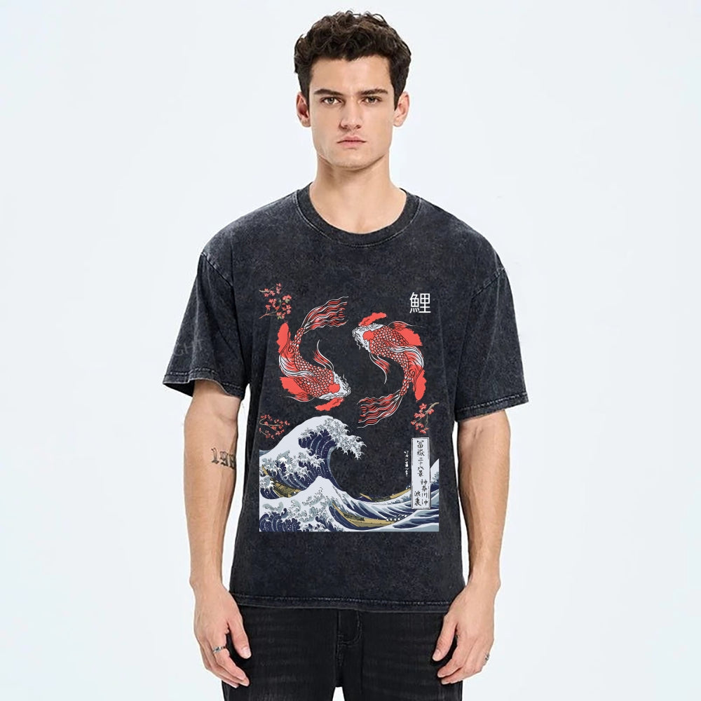 Yin Yang The Great Wave Off Koi Fish Japanese Art Vintage Washed T-shirt
