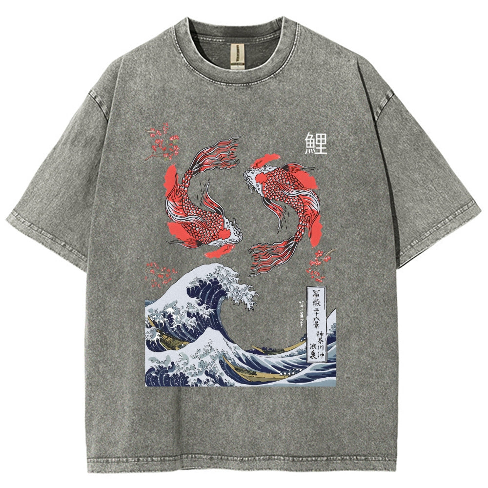 Yin Yang The Great Wave Off Koi Fish Japanese Art Vintage Washed T-shirt