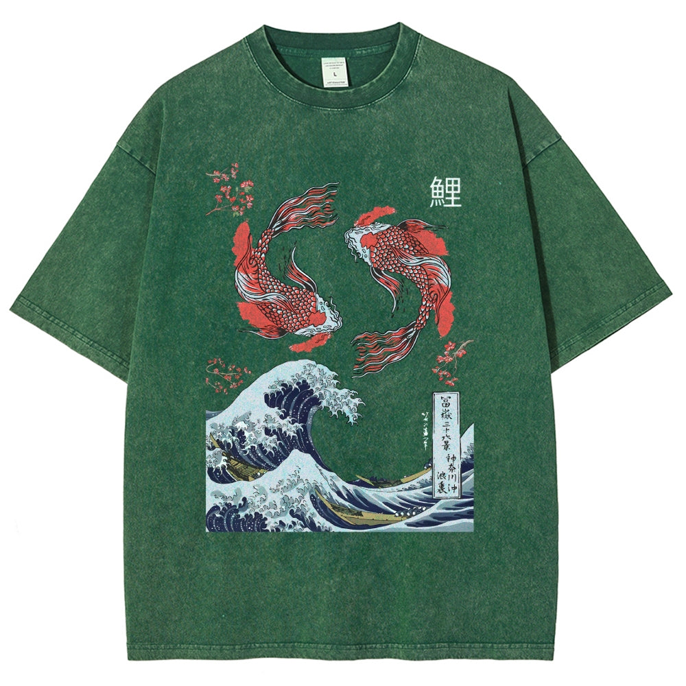 Yin Yang The Great Wave Off Koi Fish Japanese Art Vintage Washed T-shirt