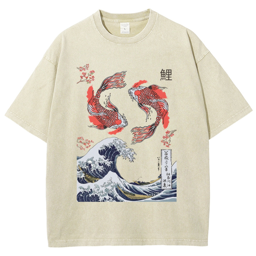 Yin Yang The Great Wave Off Koi Fish Japanese Art Vintage Washed T-shirt