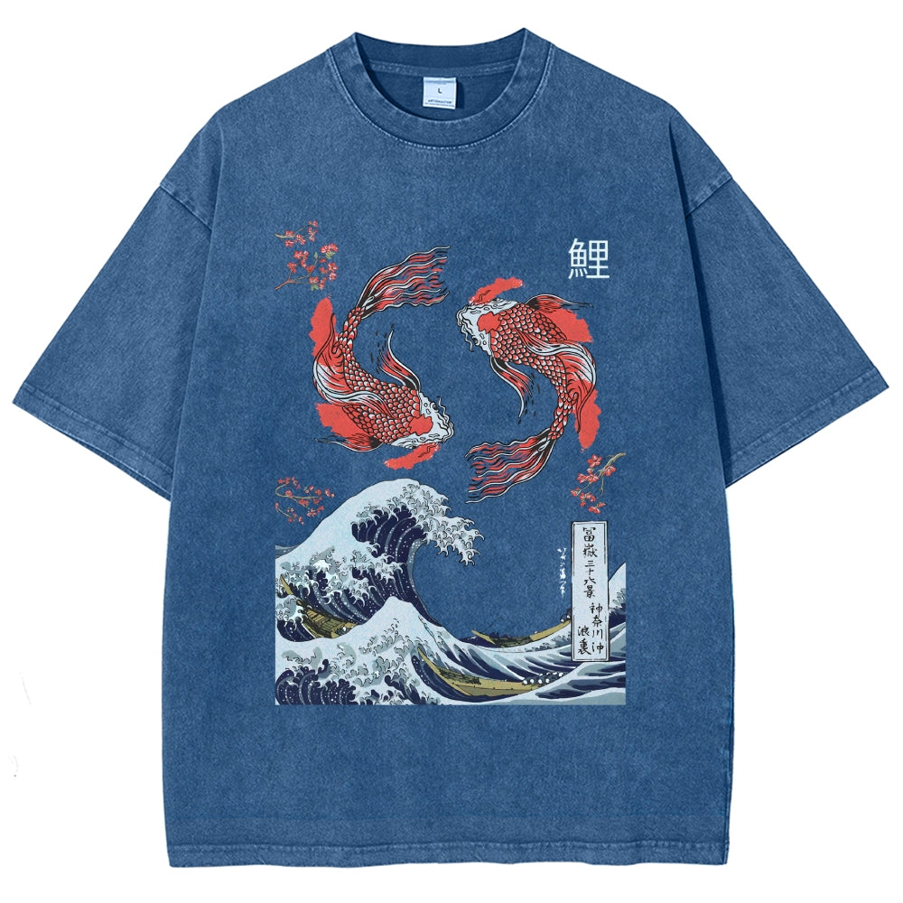 Yin Yang The Great Wave Off Koi Fish Japanese Art Vintage Washed T-shirt