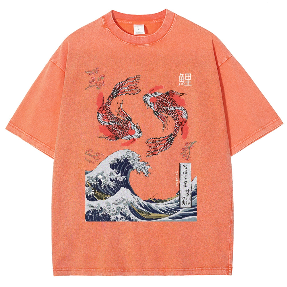 Yin Yang The Great Wave Off Koi Fish Japanese Art Vintage Washed T-shirt