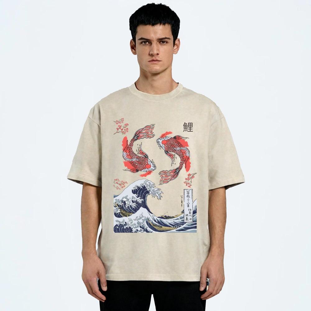 Yin Yang The Great Wave Off Koi Fish Japanese Art Vintage Washed T-shirt
