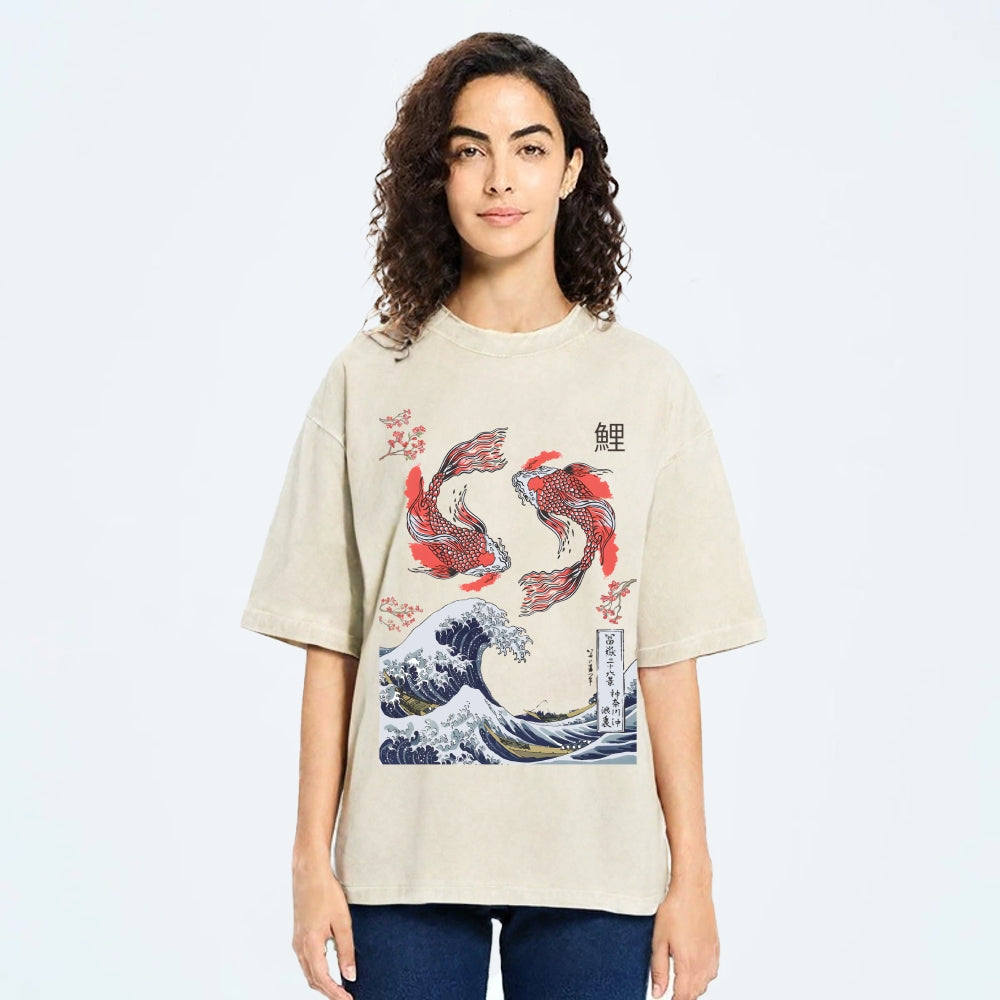 Yin Yang The Great Wave Off Koi Fish Japanese Art Vintage Washed T-shirt