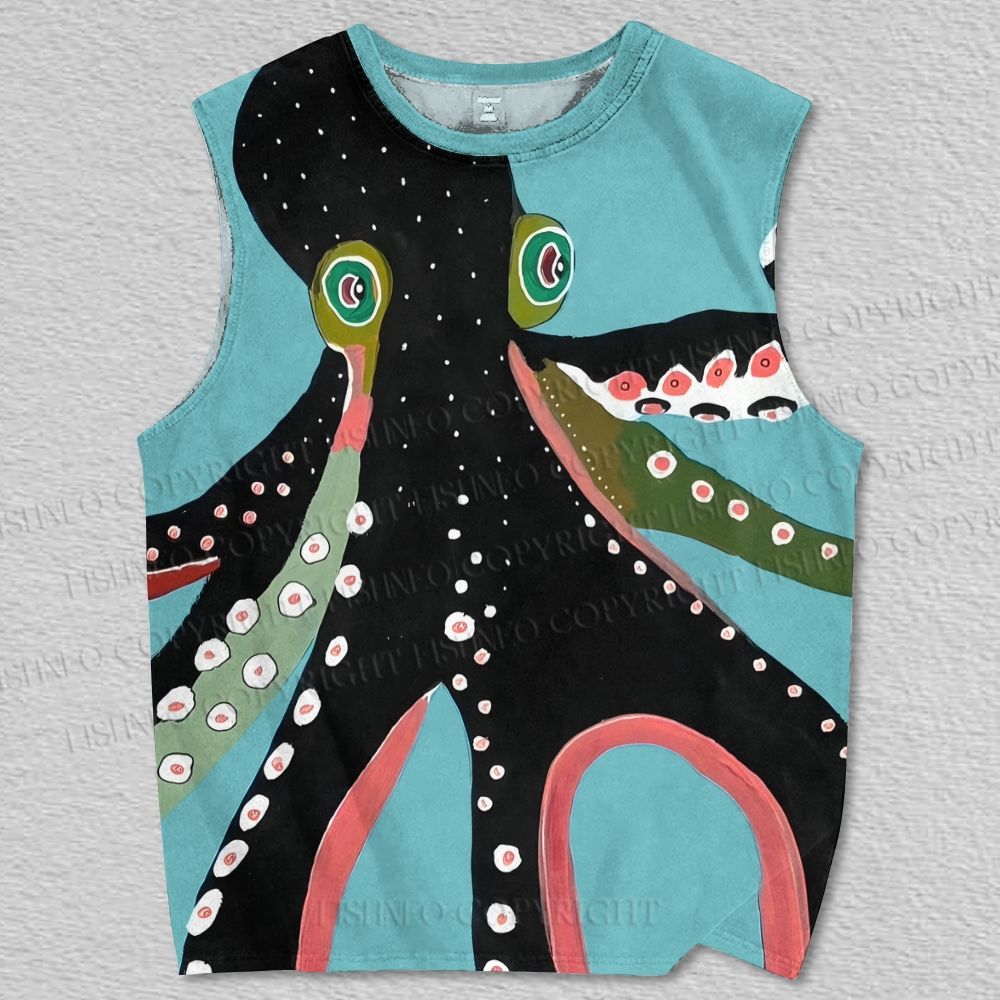 Unisex Octopus in Blue Printed Tank Top
