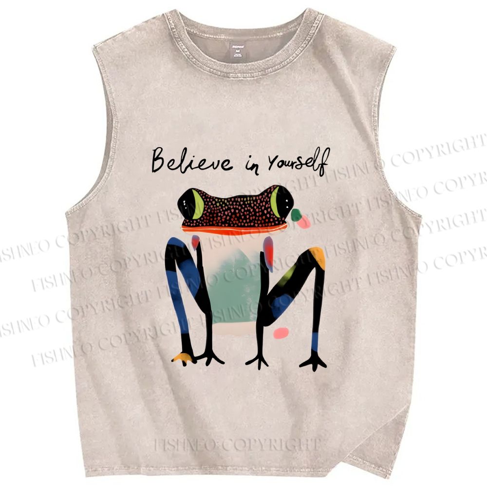 Unisex Funny Frog Believe in Yourself Printed Washed Tank Top