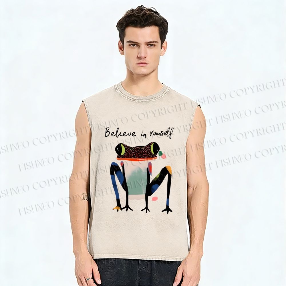 Unisex Funny Frog Believe in Yourself Printed Washed Tank Top