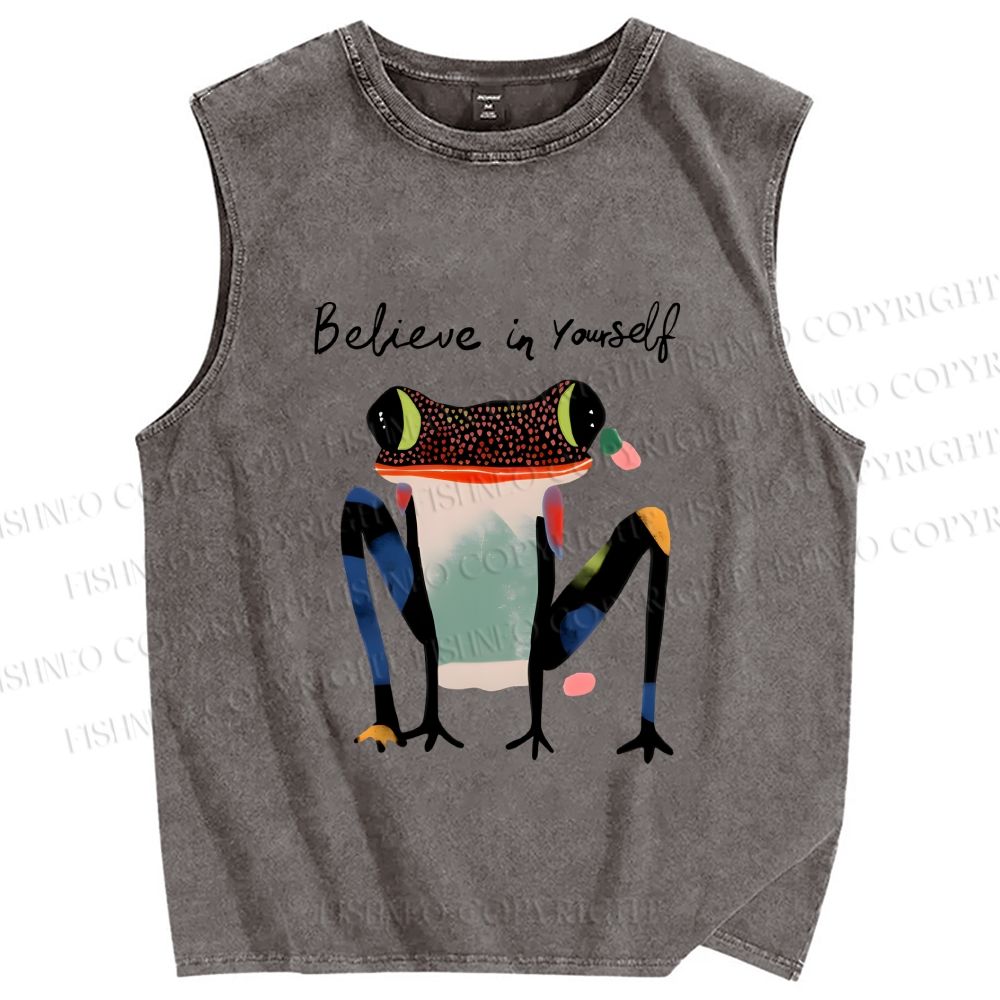 Unisex Funny Frog Believe in Yourself Printed Washed Tank Top