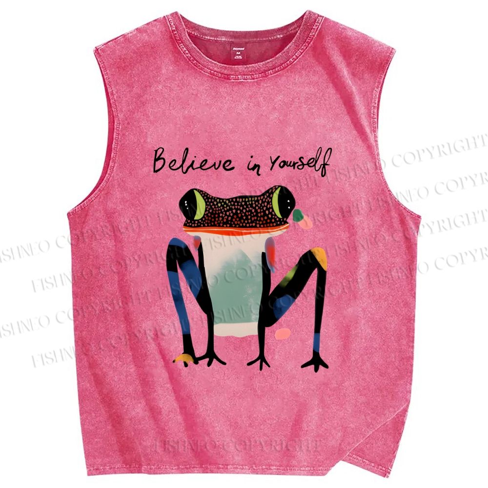 Unisex Funny Frog Believe in Yourself Printed Washed Tank Top