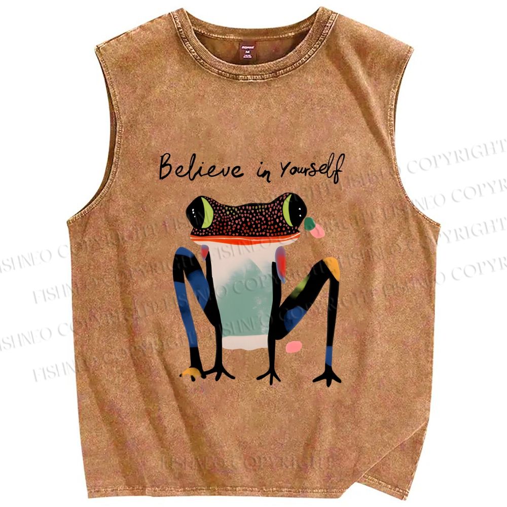 Unisex Funny Frog Believe in Yourself Printed Washed Tank Top