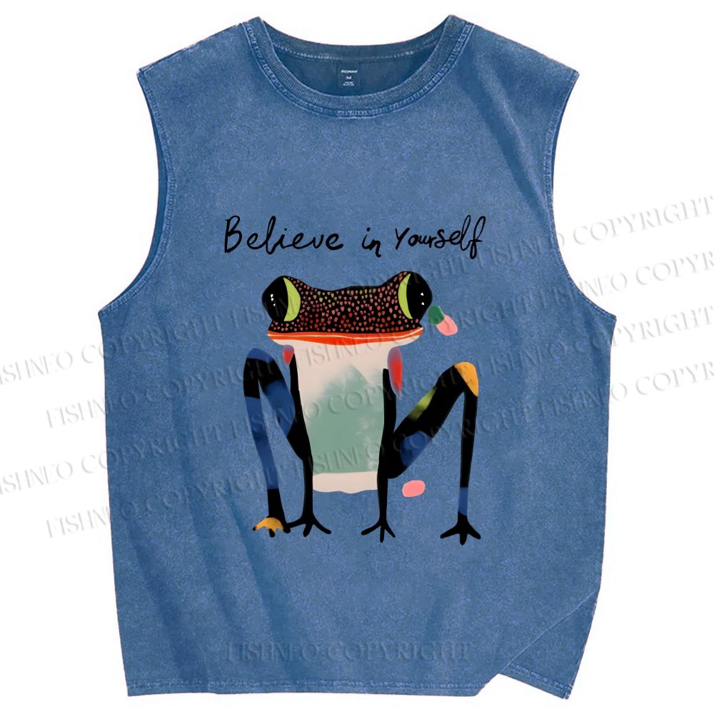 Unisex Funny Frog Believe in Yourself Printed Washed Tank Top