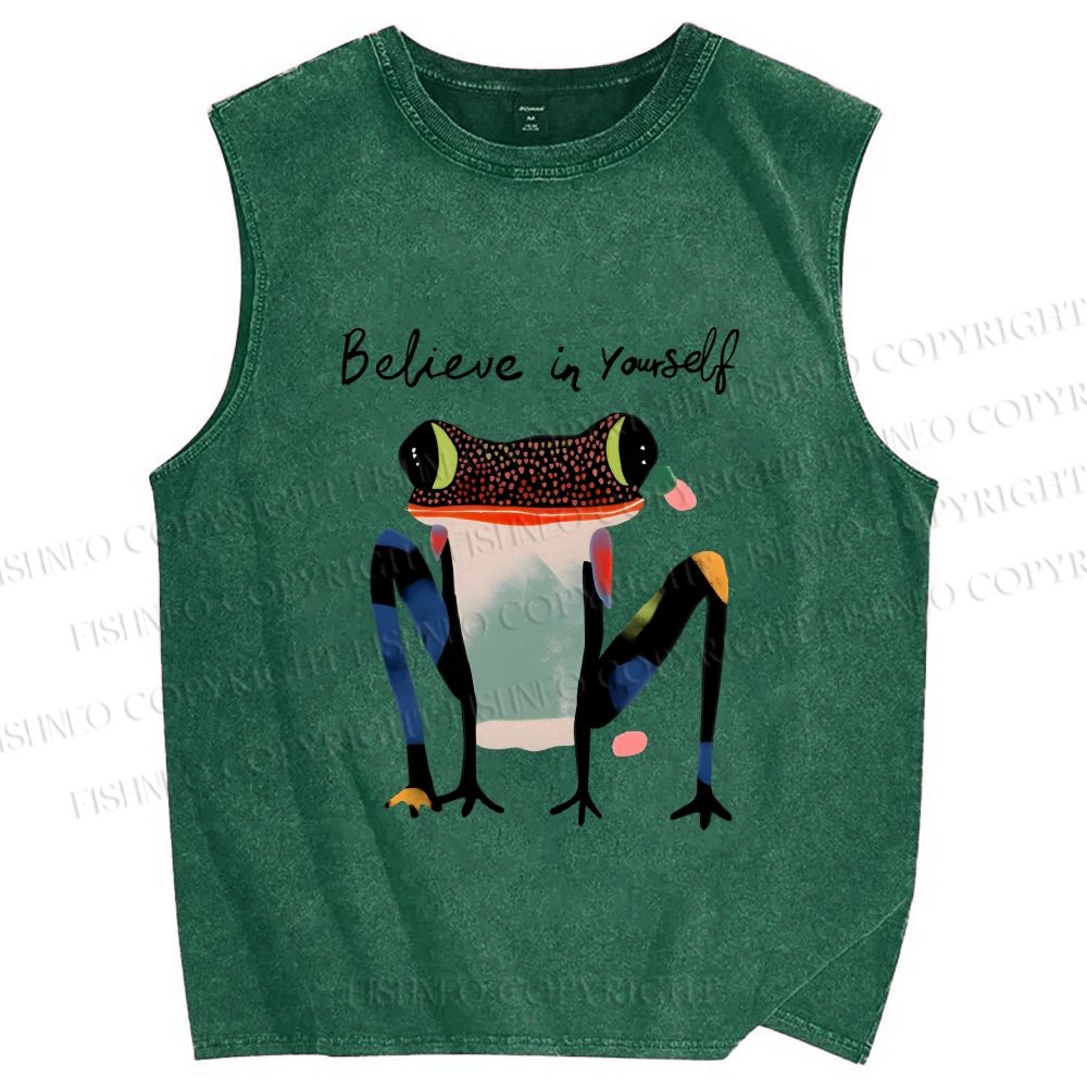 Unisex Funny Frog Believe in Yourself Printed Washed Tank Top