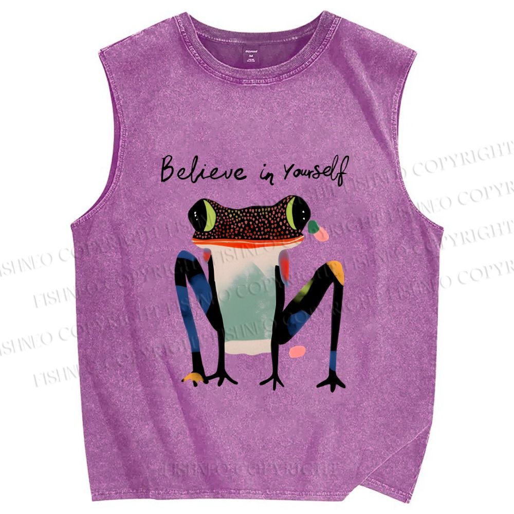 Unisex Funny Frog Believe in Yourself Printed Washed Tank Top