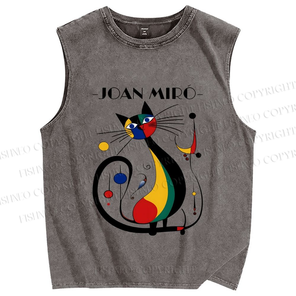 Unisex Joan Miro Design Cat Printed Washed Tank Top