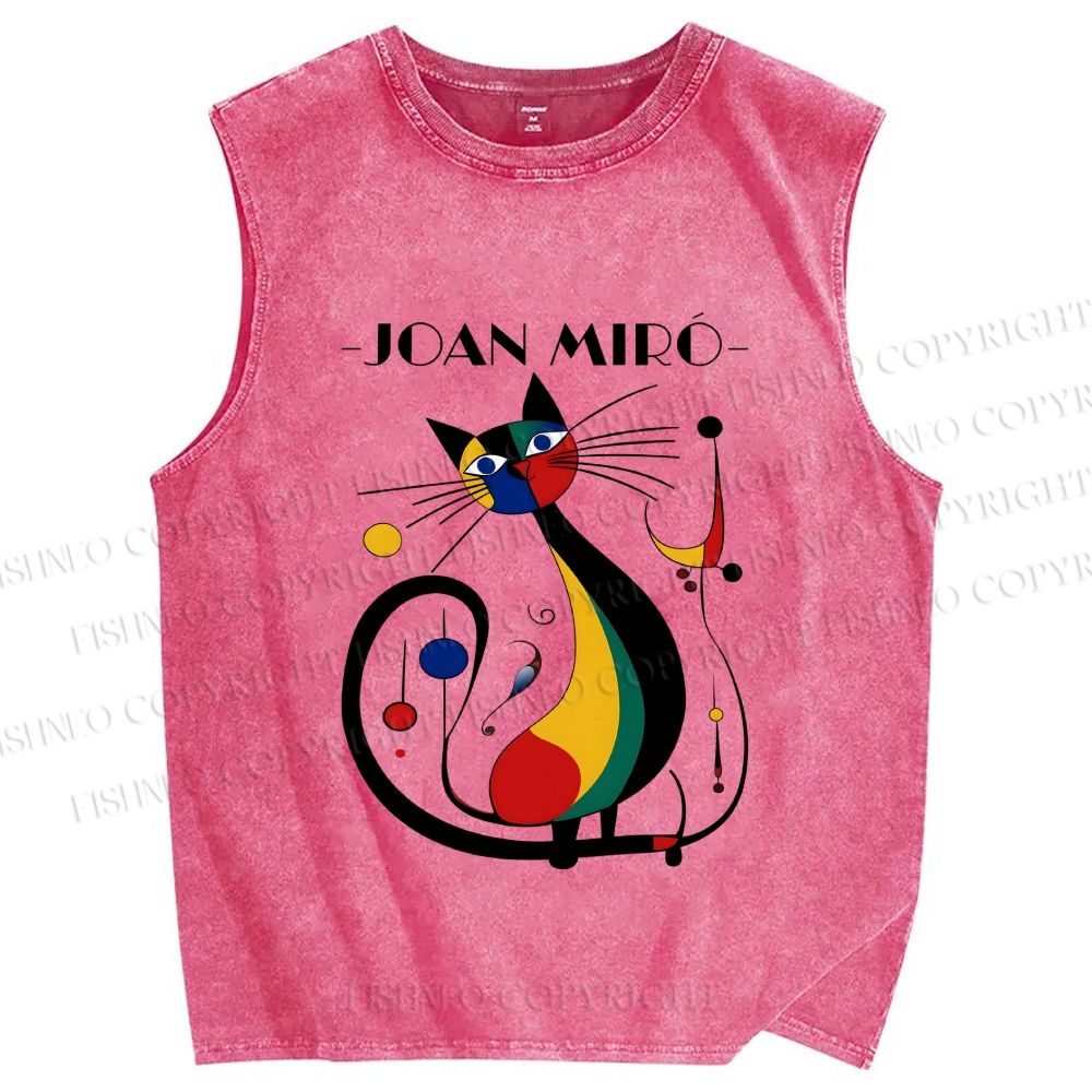 Unisex Joan Miro Design Cat Printed Washed Tank Top