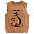 Unisex Joan Miro Design Cat Printed Washed Tank Top
