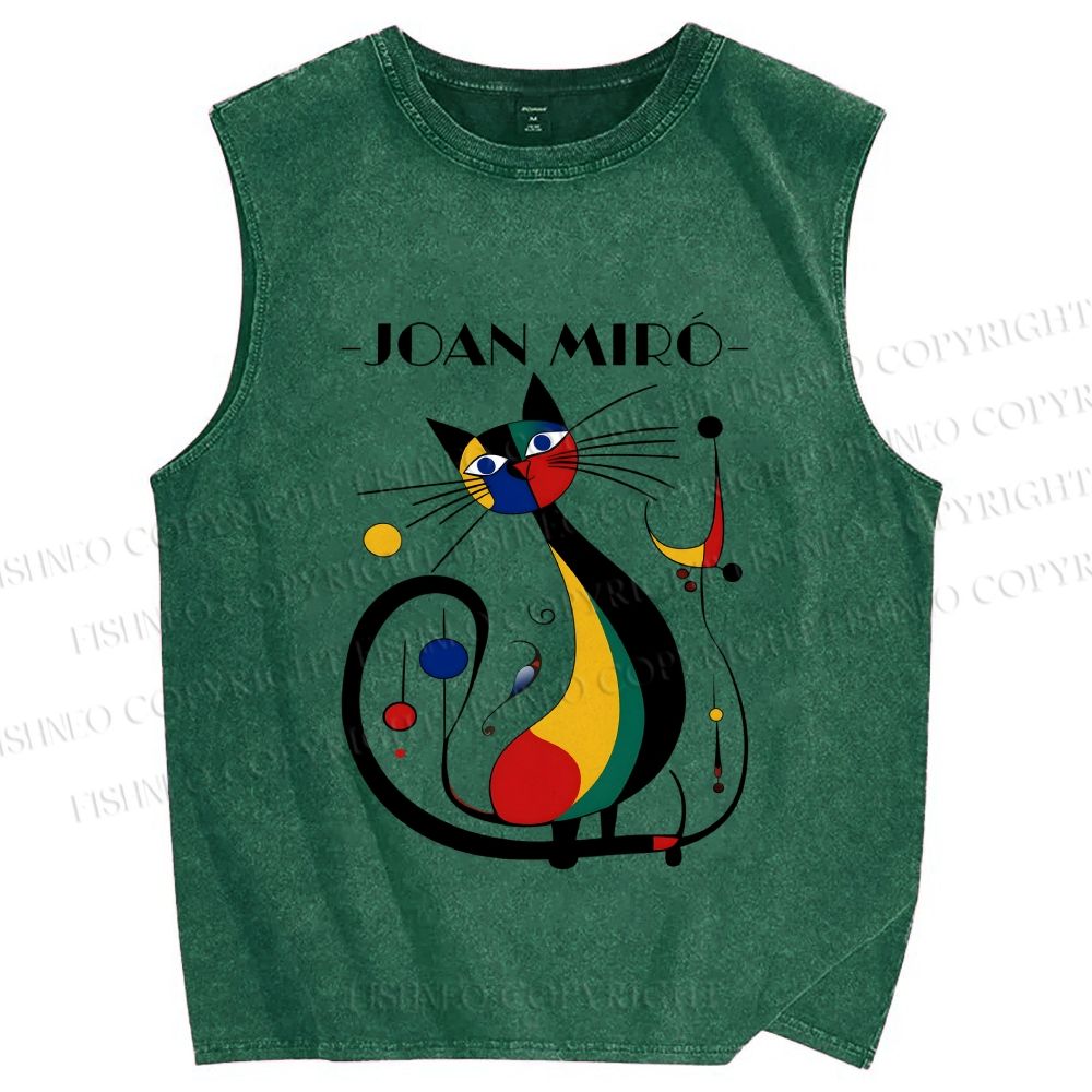 Unisex Joan Miro Design Cat Printed Washed Tank Top