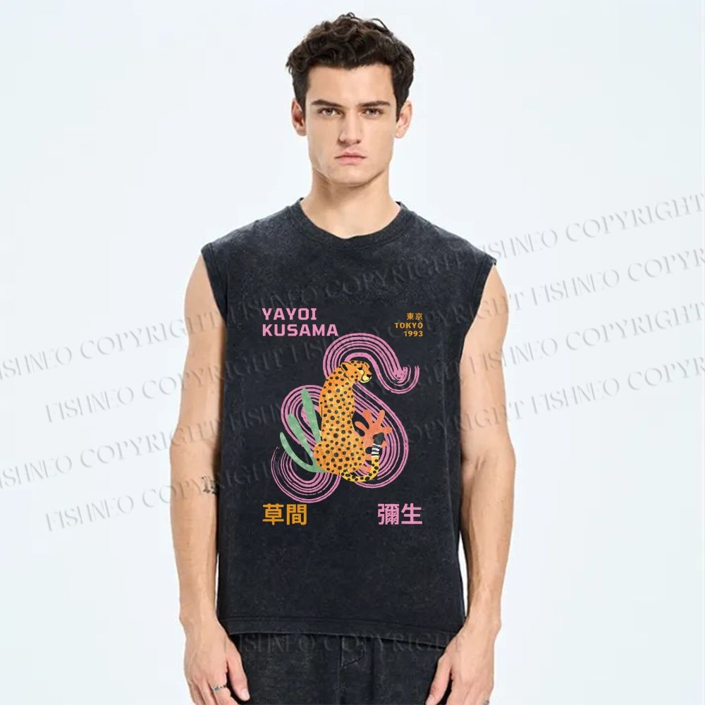 Unisex Yayoi Kusama Panther Printed Washed Tank Top