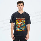 Unisex Japanese Cat Band Poster Printed Washed Tee