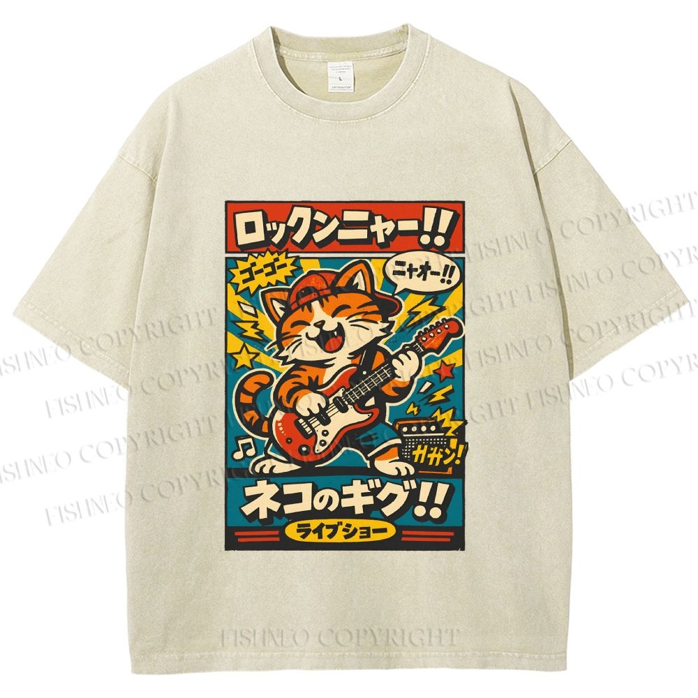 Unisex Japanese Cat Band Poster Printed Washed Tee