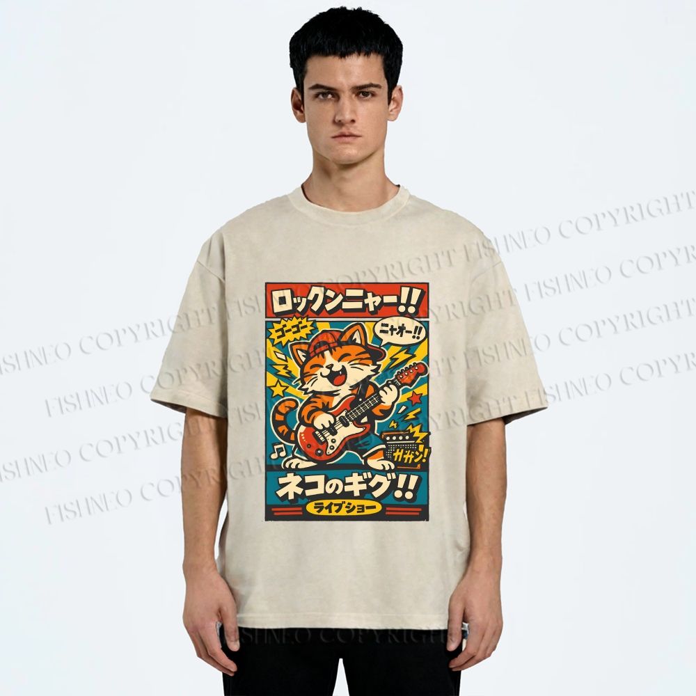 Unisex Japanese Cat Band Poster Printed Washed Tee