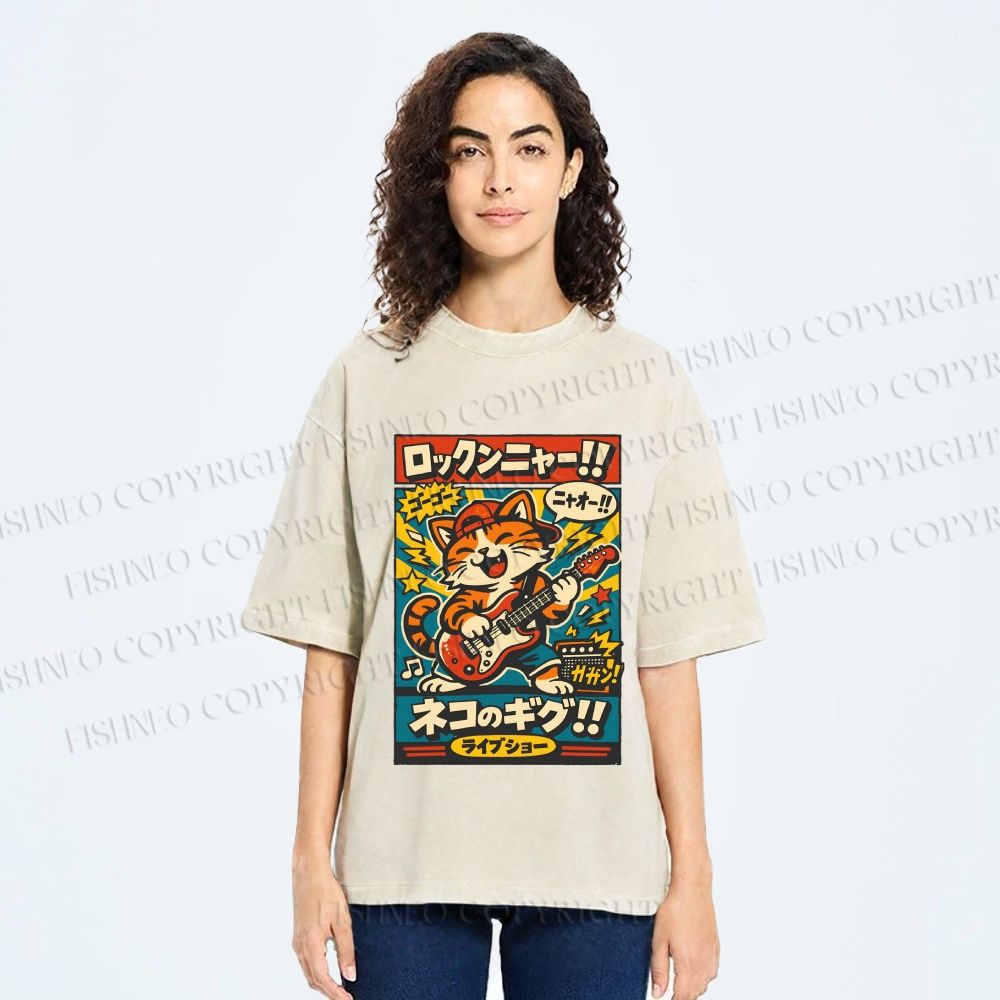 Unisex Japanese Cat Band Poster Printed Washed Tee