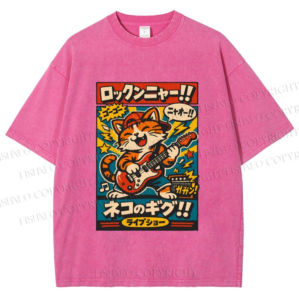 Unisex Japanese Cat Band Poster Printed Washed Tee