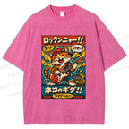Unisex Japanese Cat Band Poster Printed Washed Tee