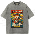 Unisex Japanese Cat Band Poster Printed Washed Tee