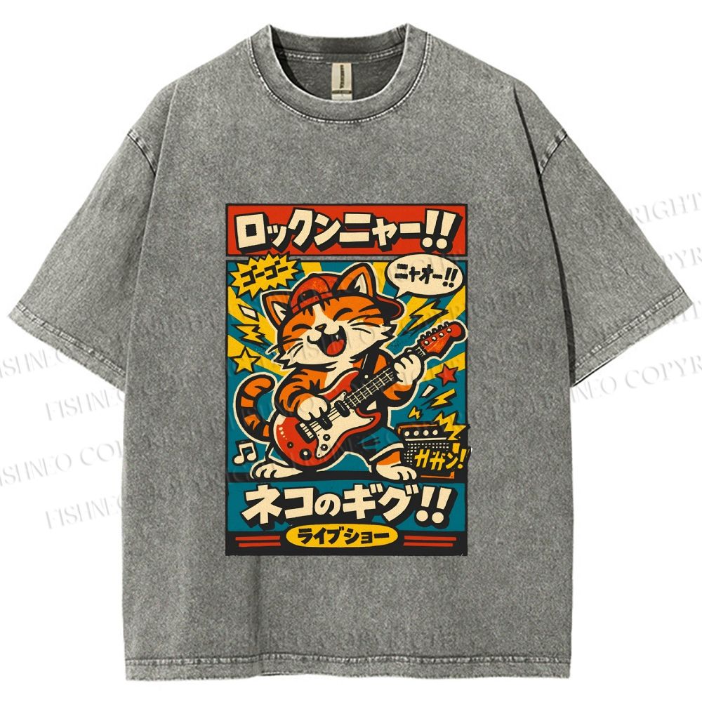 Unisex Japanese Cat Band Poster Printed Washed Tee