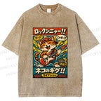 Unisex Japanese Cat Band Poster Printed Washed Tee