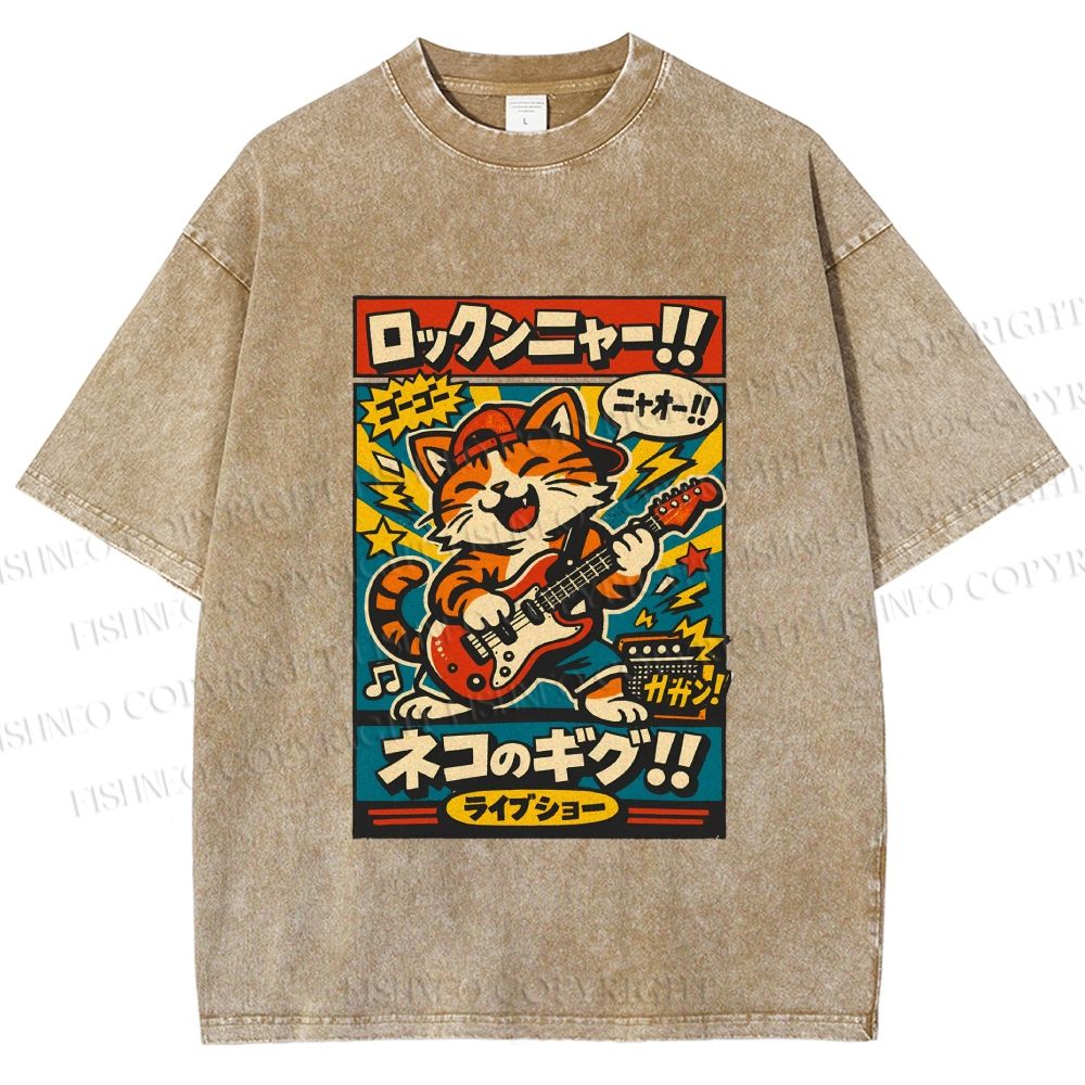 Unisex Japanese Cat Band Poster Printed Washed Tee