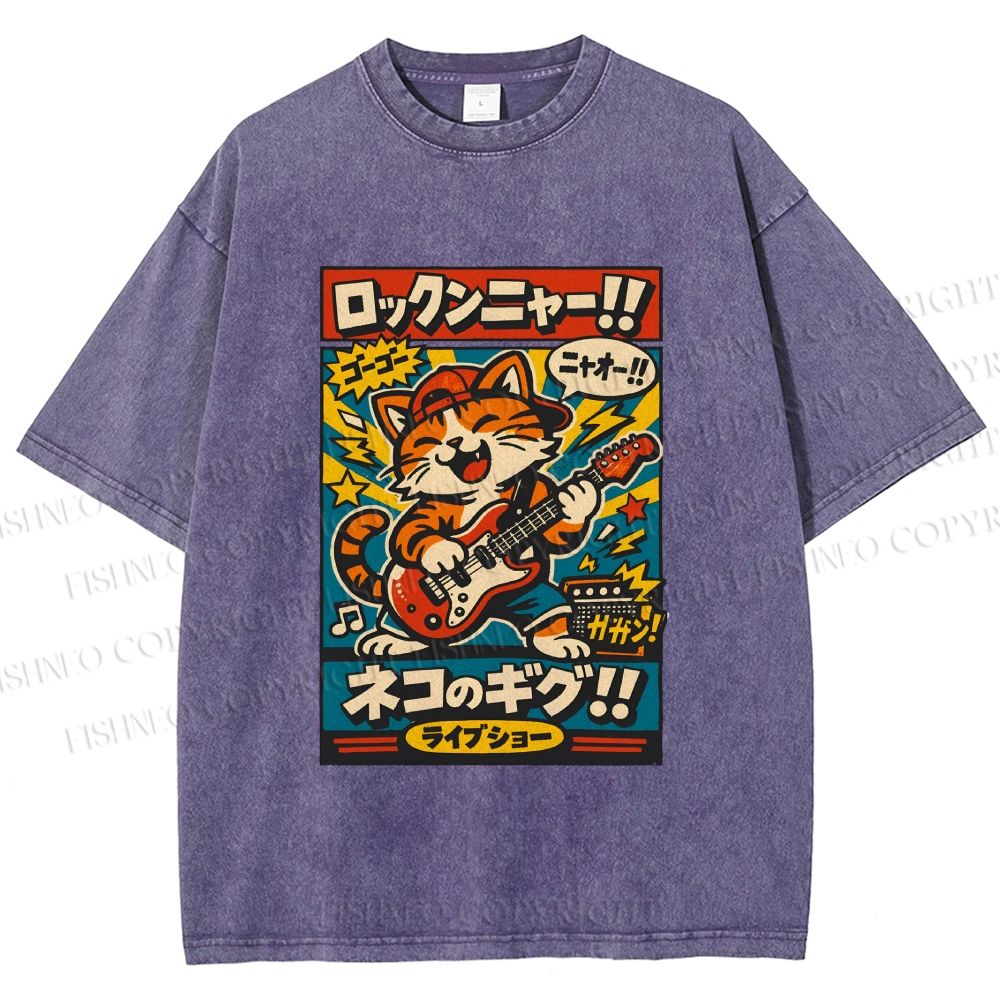 Unisex Japanese Cat Band Poster Printed Washed Tee