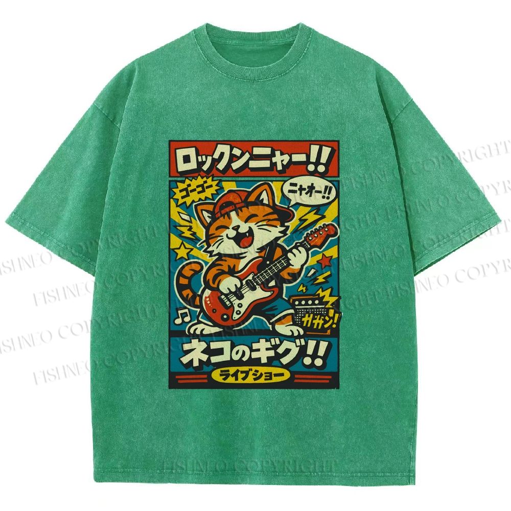 Unisex Japanese Cat Band Poster Printed Washed Tee