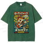 Unisex Japanese Cat Band Poster Printed Washed Tee