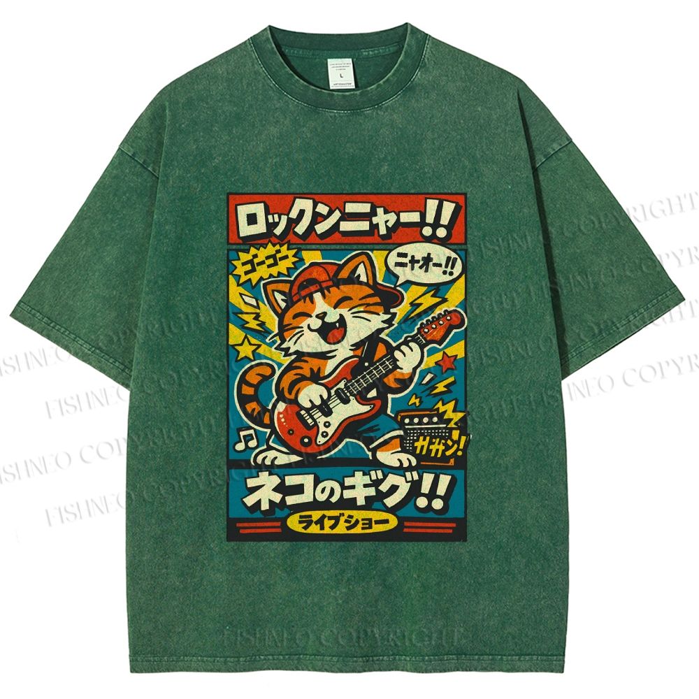 Unisex Japanese Cat Band Poster Printed Washed Tee