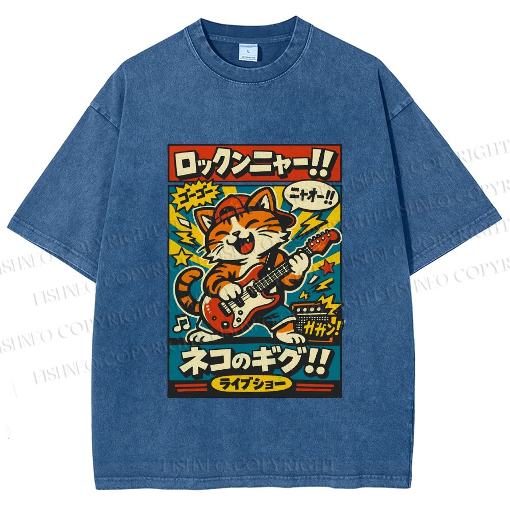 Unisex Japanese Cat Band Poster Printed Washed Tee