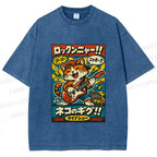 Unisex Japanese Cat Band Poster Printed Washed Tee