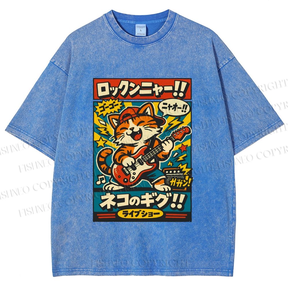 Unisex Japanese Cat Band Poster Printed Washed Tee