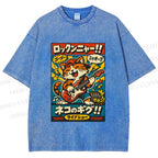 Unisex Japanese Cat Band Poster Printed Washed Tee