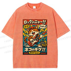Unisex Japanese Cat Band Poster Printed Washed Tee
