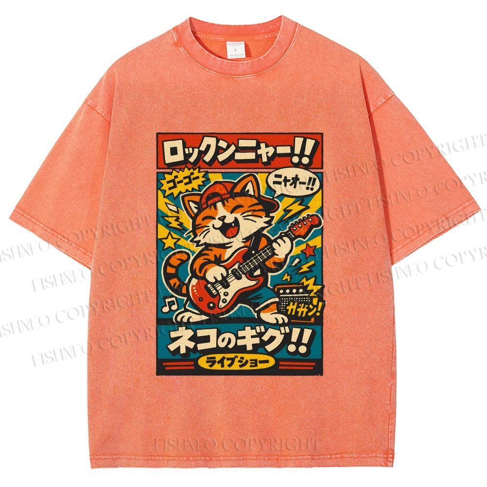 Unisex Japanese Cat Band Poster Printed Washed Tee