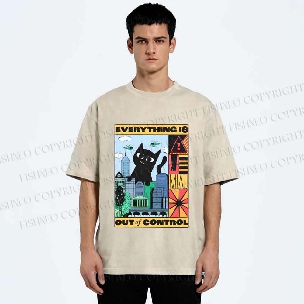 Unisex Giant Black Cat Everything is Out of Control Printed Washed Tee