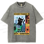 Unisex Giant Black Cat Everything is Out of Control Printed Washed Tee