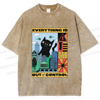 Unisex Giant Black Cat Everything is Out of Control Printed Washed Tee