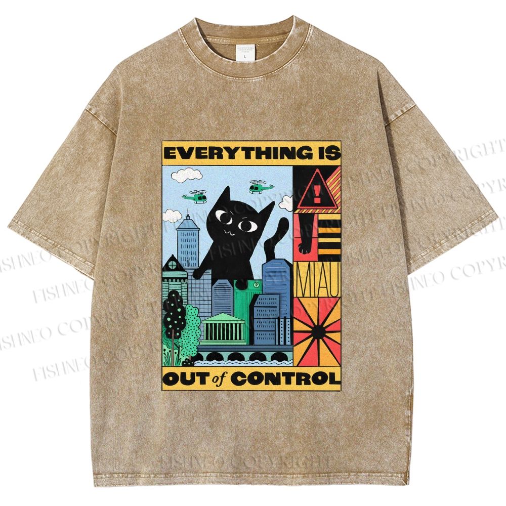 Unisex Giant Black Cat Everything is Out of Control Printed Washed Tee