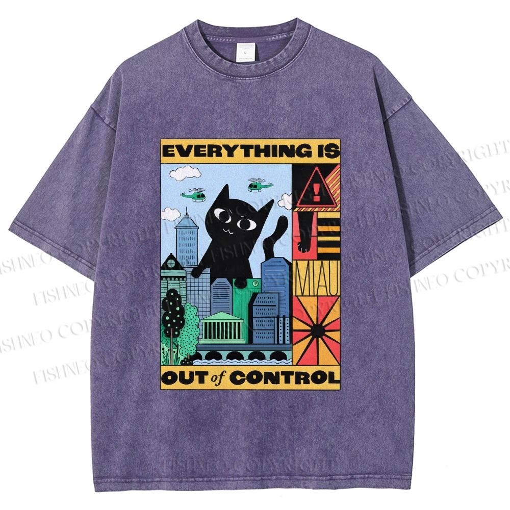 Unisex Giant Black Cat Everything is Out of Control Printed Washed Tee